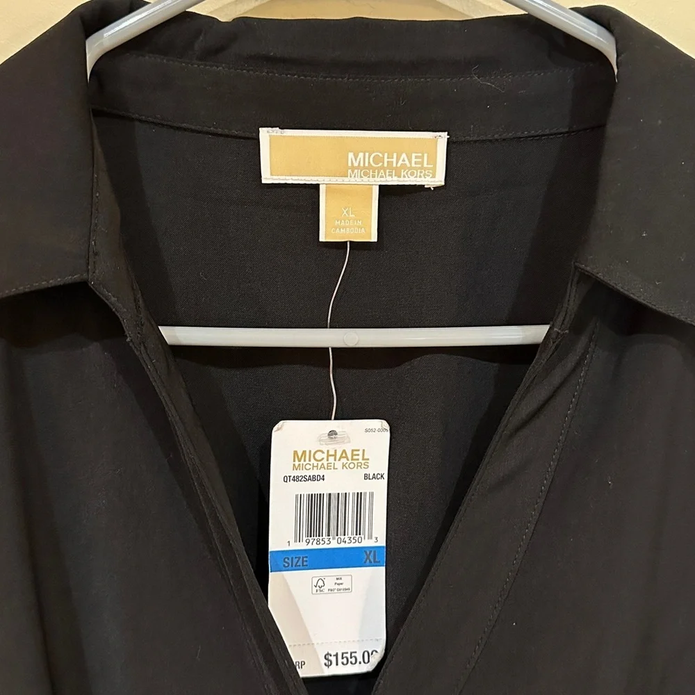 NWT Michael Kors Black Jumpsuit belted button front cuffed short sleeve XL $155